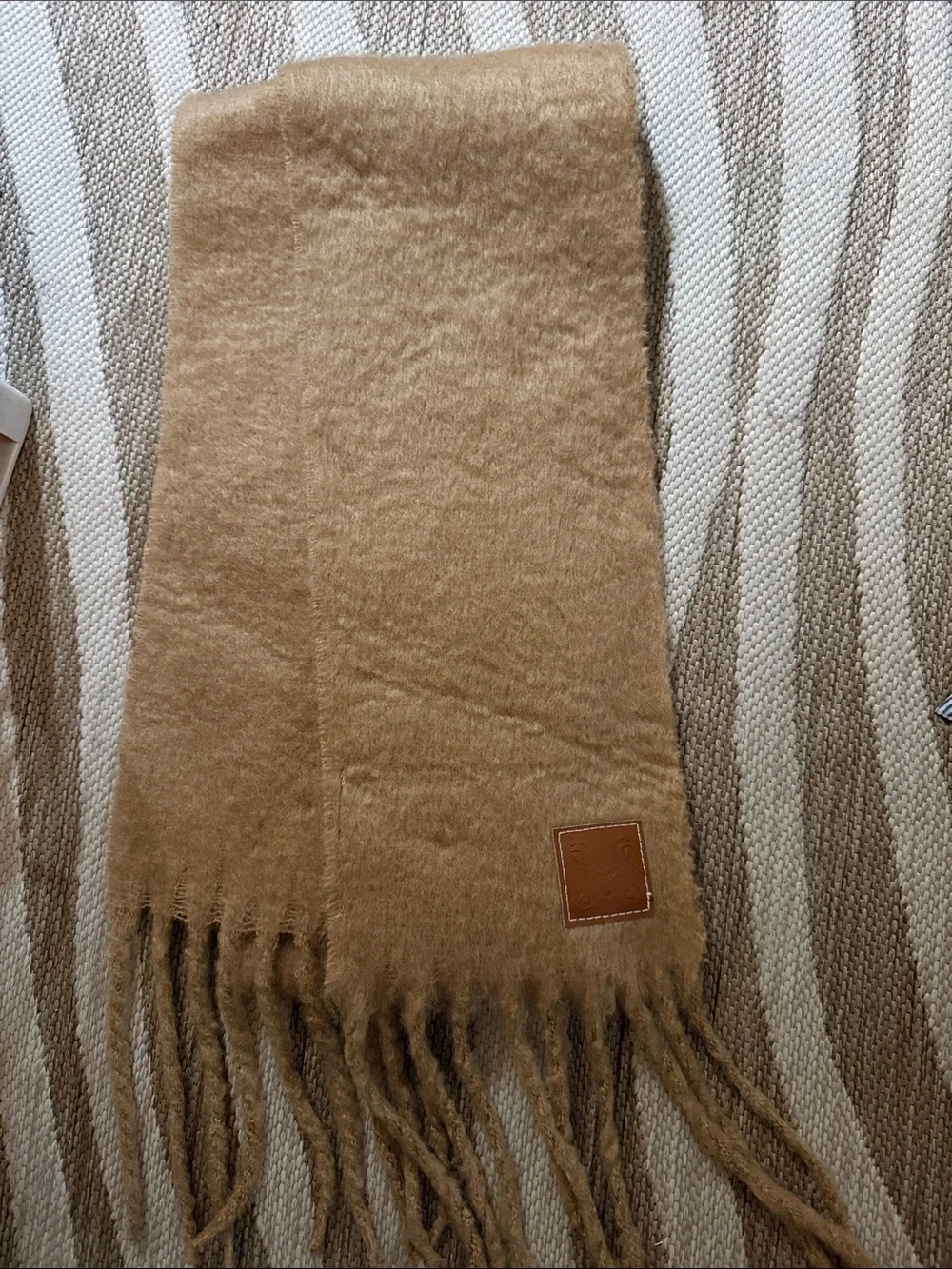 Cozy Camel Fringe Scarf with Leather Patch